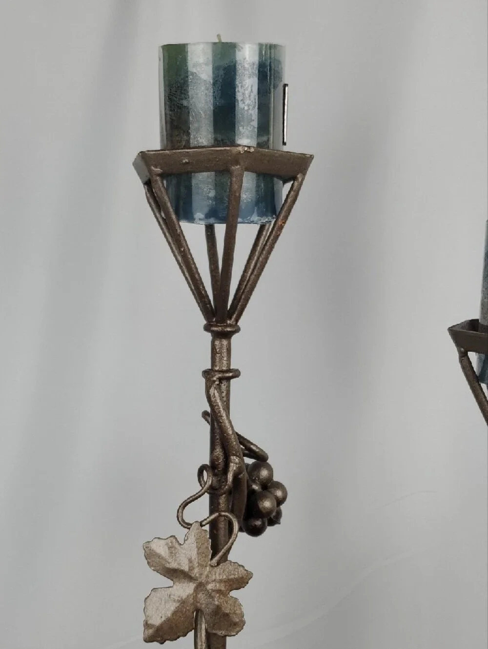 Grapevine Wrought Iron Candle Holders with Blue Glass Candles (Props) - Set of 2